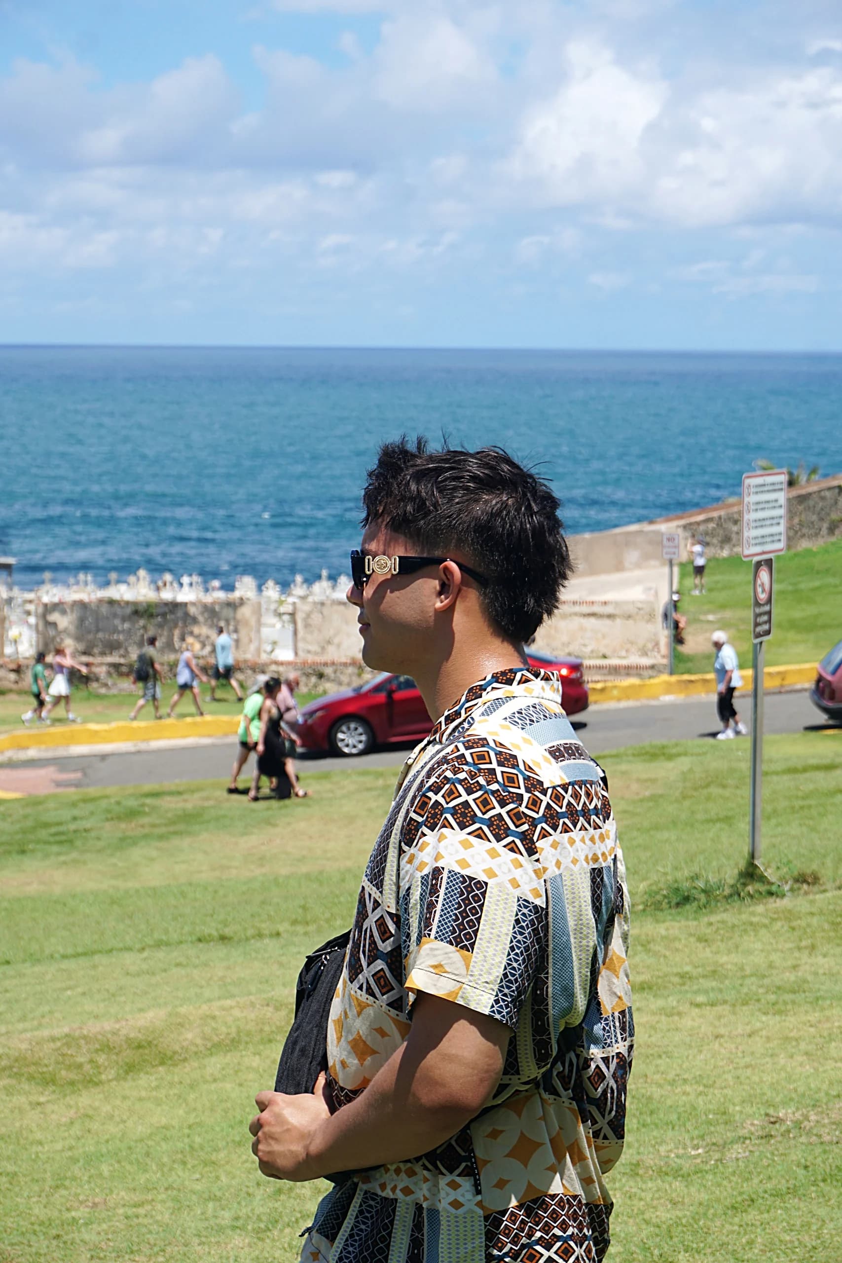 Looking out toward the ocean over the green slopes of Old San Juan, Puerto Rico.